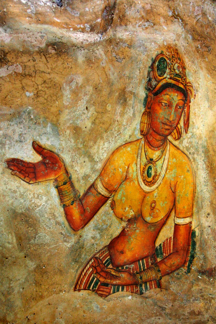 Fresko an der Wand des Sigiriya-Felsens im Distrikt Matale, Sri Lanka. Dieser 370 Meter hohe Lavahügel eines alten Vulkans ist berühmt für den befestigten Palastkomplex, der während der Herrschaft von König Ka von Unknown