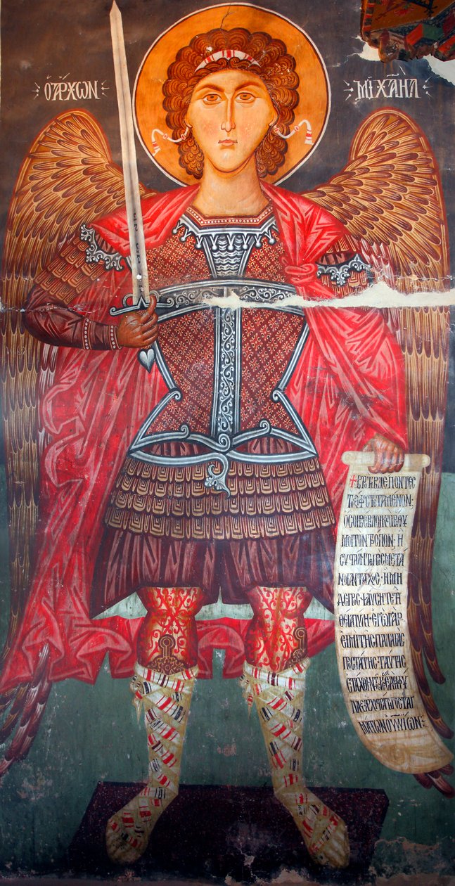 Das byzantinische Fresko aus dem 15. Jahrhundert (Detail) Michael Erzengel Wandmalerei Michael-Archangel-Kirche in Pedoulas, Zypern, Bemalte Kirchen UNESCO-Stätte Troodos, Zypern von Unknown