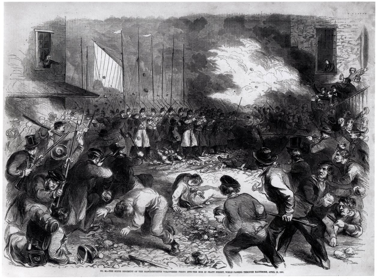 Das sechste Regiment der Massachusetts-Freiwilligen feuert auf die Menge in der Pratt Street, während es auf dem Weg nach Washington durch Baltimore zieht, 19. April 1861, aus 