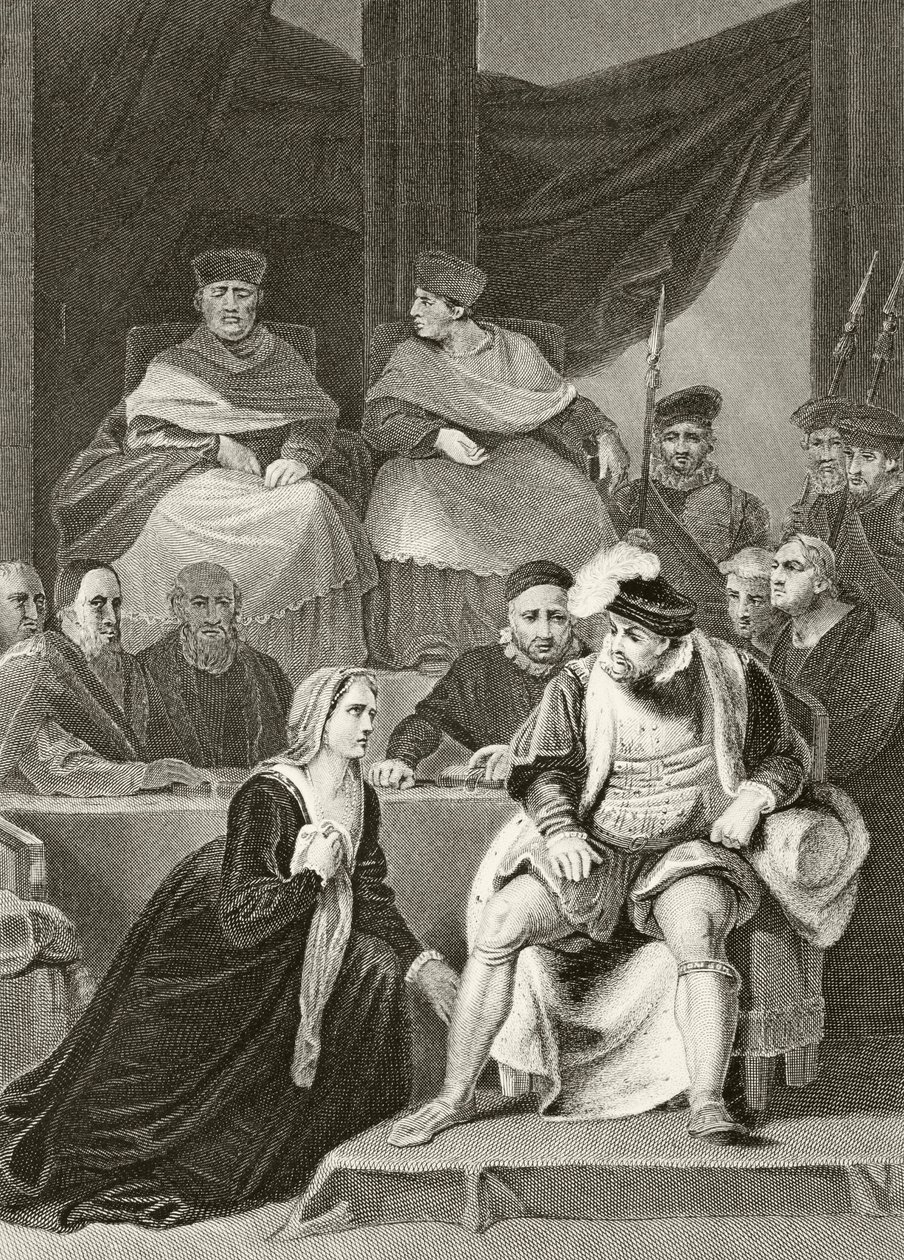Katharina von Aragon kniet vor ihrem Ehemann König Heinrich VIII. während des Prozesses ihrer Ehe, aus 