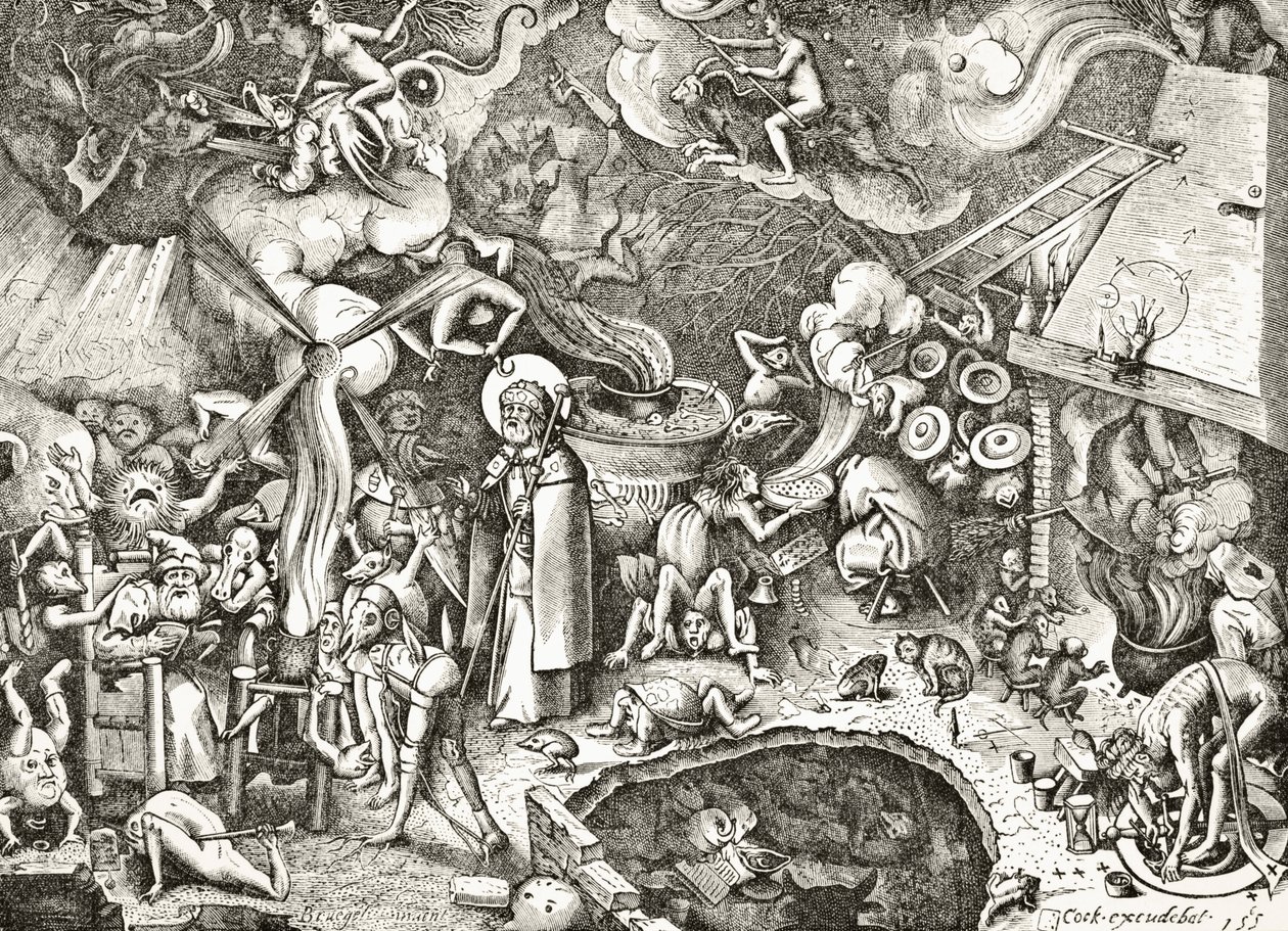 Der heilige Jakobus der Ältere bekämpft die teuflischen Verzauberungen eines Magiers, graviert im 16. Jahrhundert nach einer Komposition von Brueghel dem Älteren, aus 