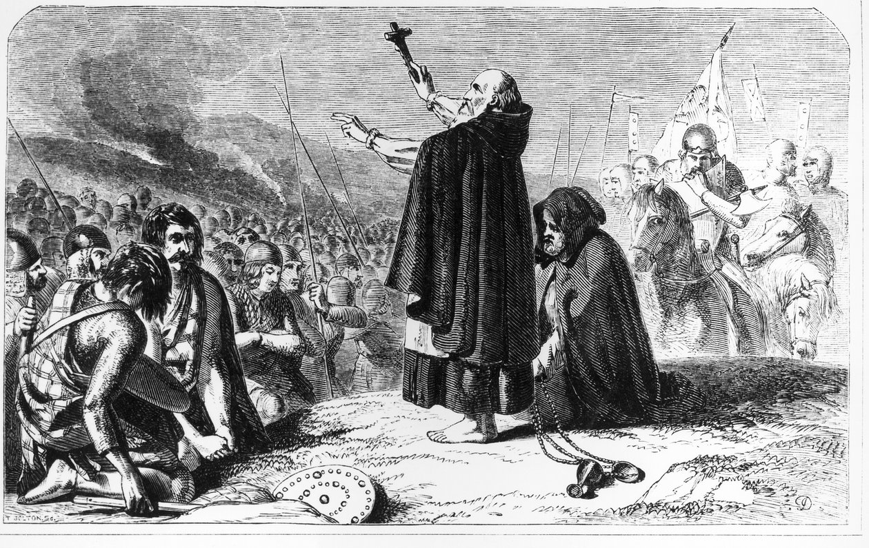 Der Abt von Inchaffray segnet die schottische Armee vor der Schlacht von Bannockburn, 21. Juni 1314, gestochen von T. Bolton von English School