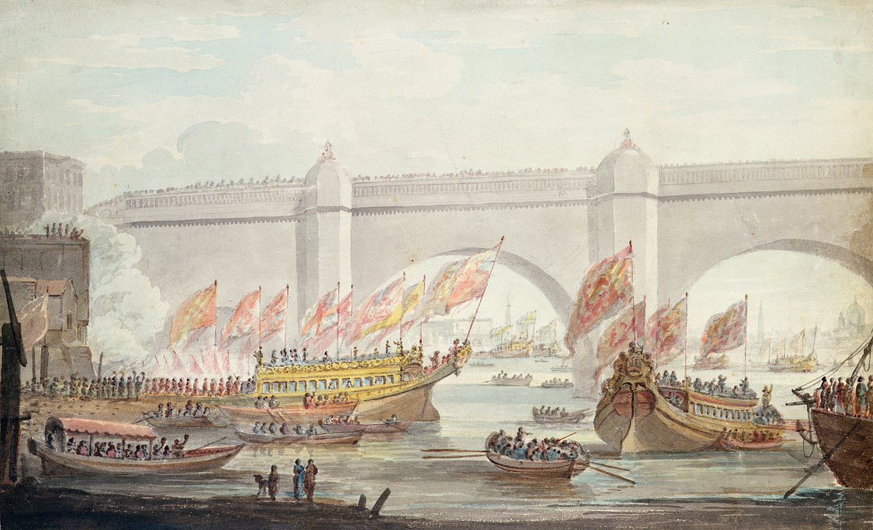 Der Lord Mayor landet in Westminster, mit Blick auf die Brücke, 1840 von English School