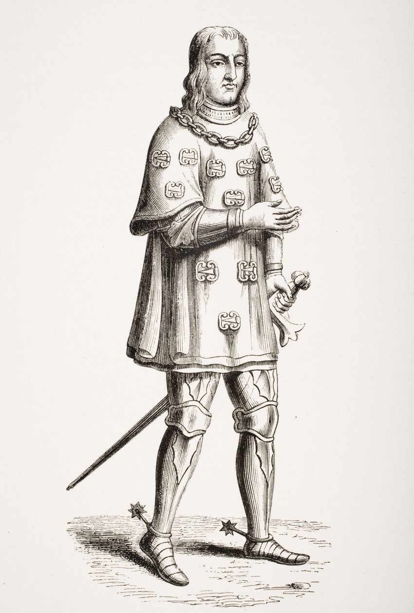 Louis de Mallet (1448-1516), dargestellt 1487 in Kriegs- und Turnierkostüm, nach einem Stich aus dem 16. Jahrhundert, aus 