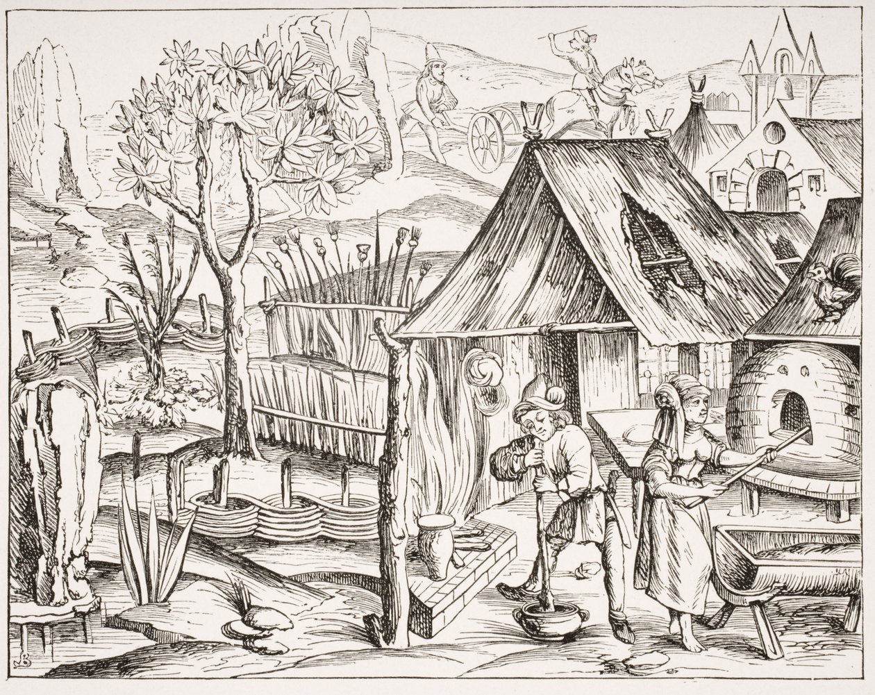Bauern, die Getreide anbauen und Gersten- und Haferbrot herstellen, nach einem Holzschnitt aus einer Ausgabe von Vergil, veröffentlicht in Lyon, 1517, aus 