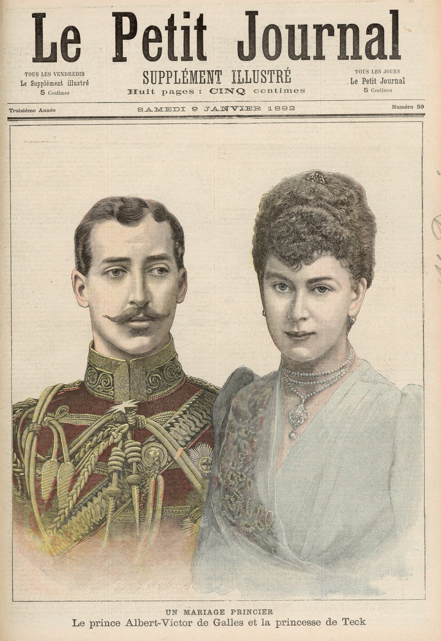 Die Verlobung von Albert Victor (1864-92), Herzog von Clarence, ältester Sohn von Edward, Prinz von Wales, mit Victoria Mary von Teck (1867-1953) aus 