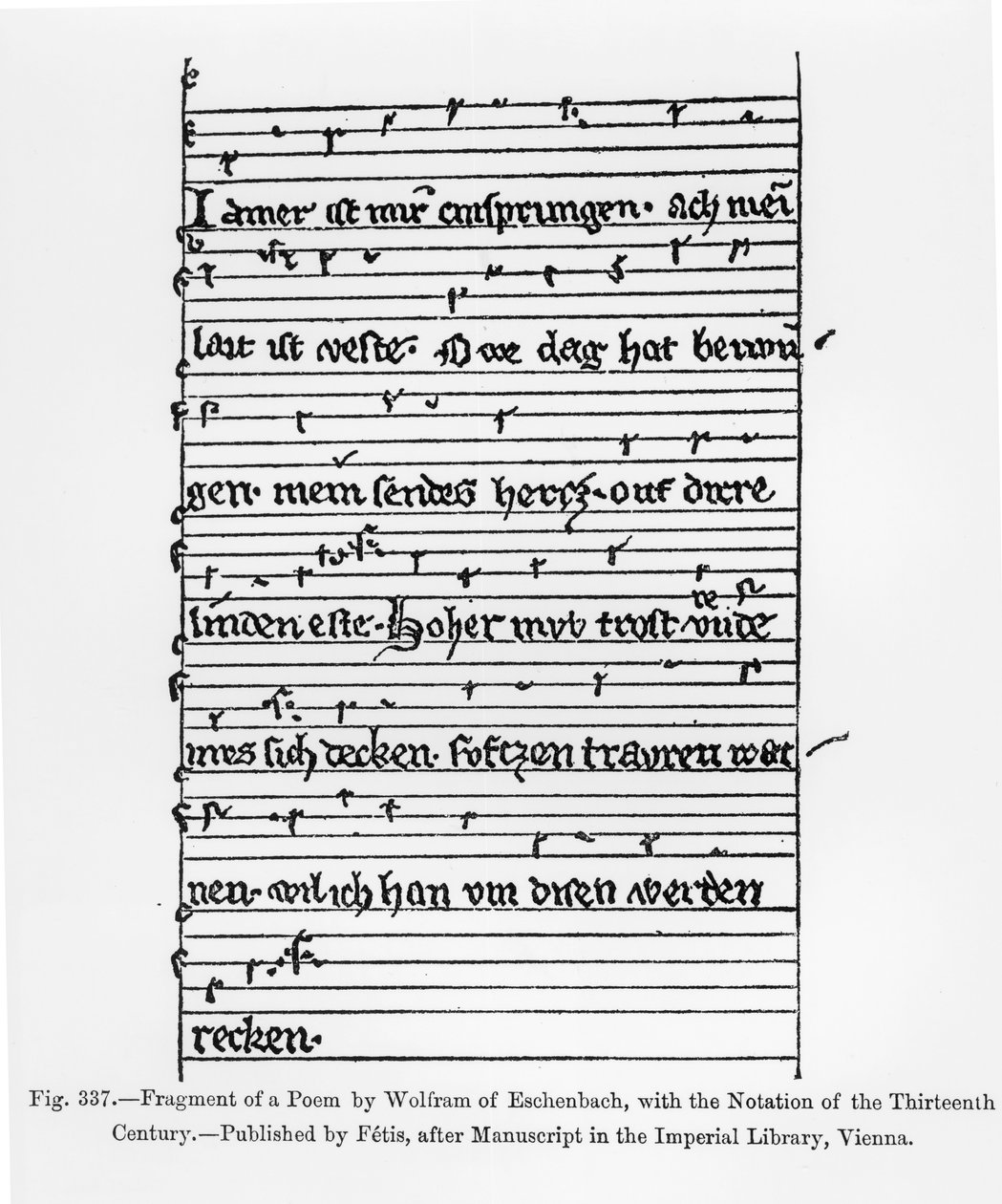 Fragment eines Gedichts von Wolfram von Eschenbach, veröffentlicht von Fetis, Illustration aus 
