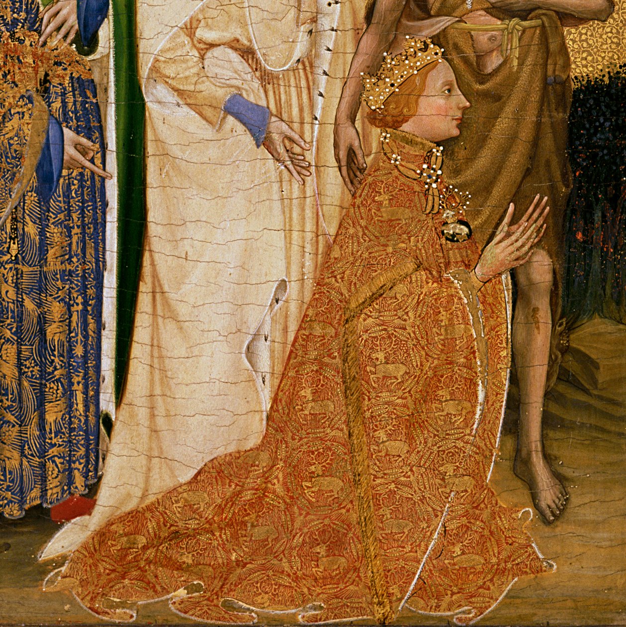 Richard II. wird der Jungfrau und dem Kind von seinem Schutzpatron Johannes dem Täufer und den Heiligen Edward und Edmund vorgestellt, ca. 1395-99 (Detail) von Master of the Wilton Diptych