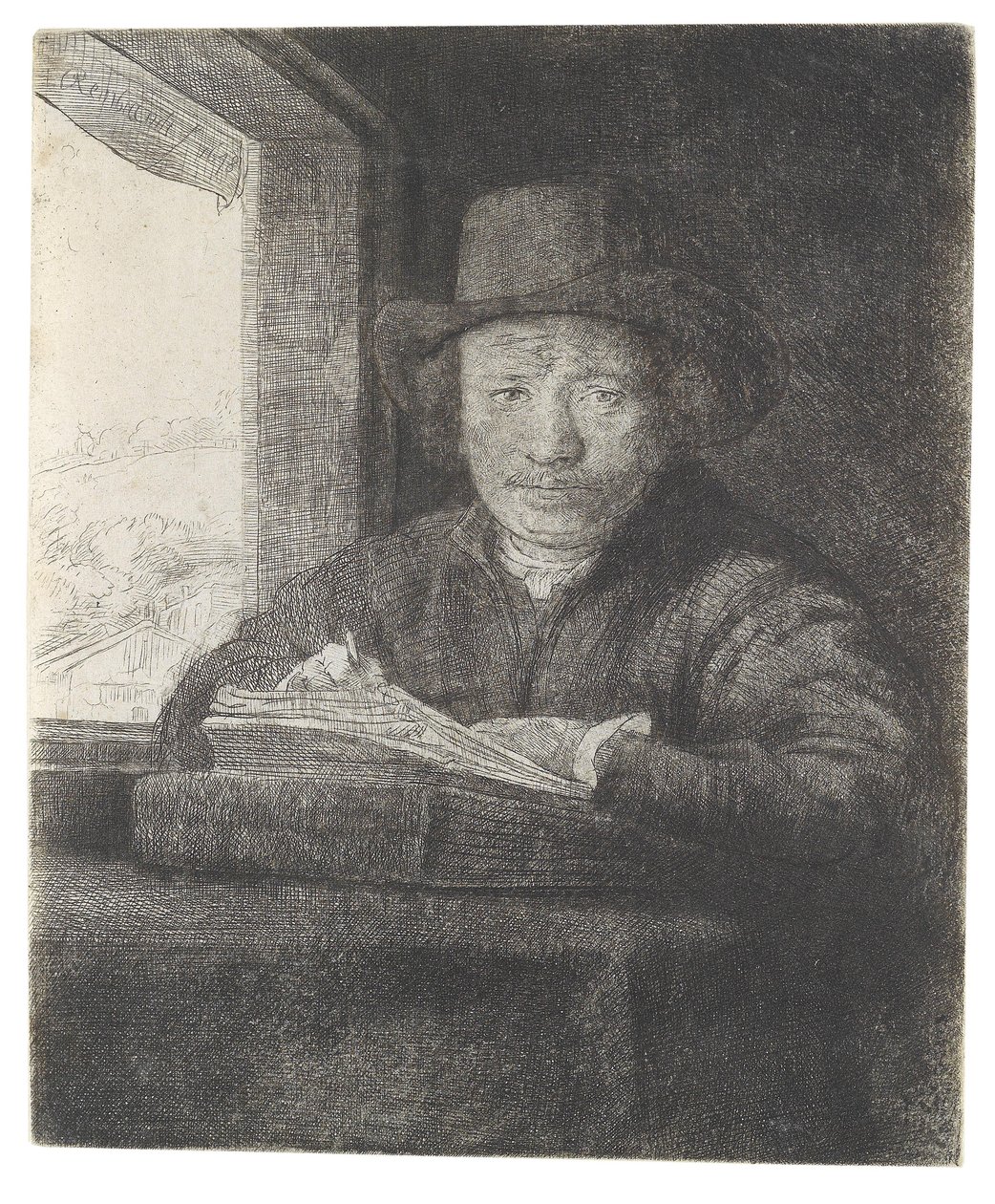 Selbstbildnis am Fenster zeichnend von Rembrandt van Rijn