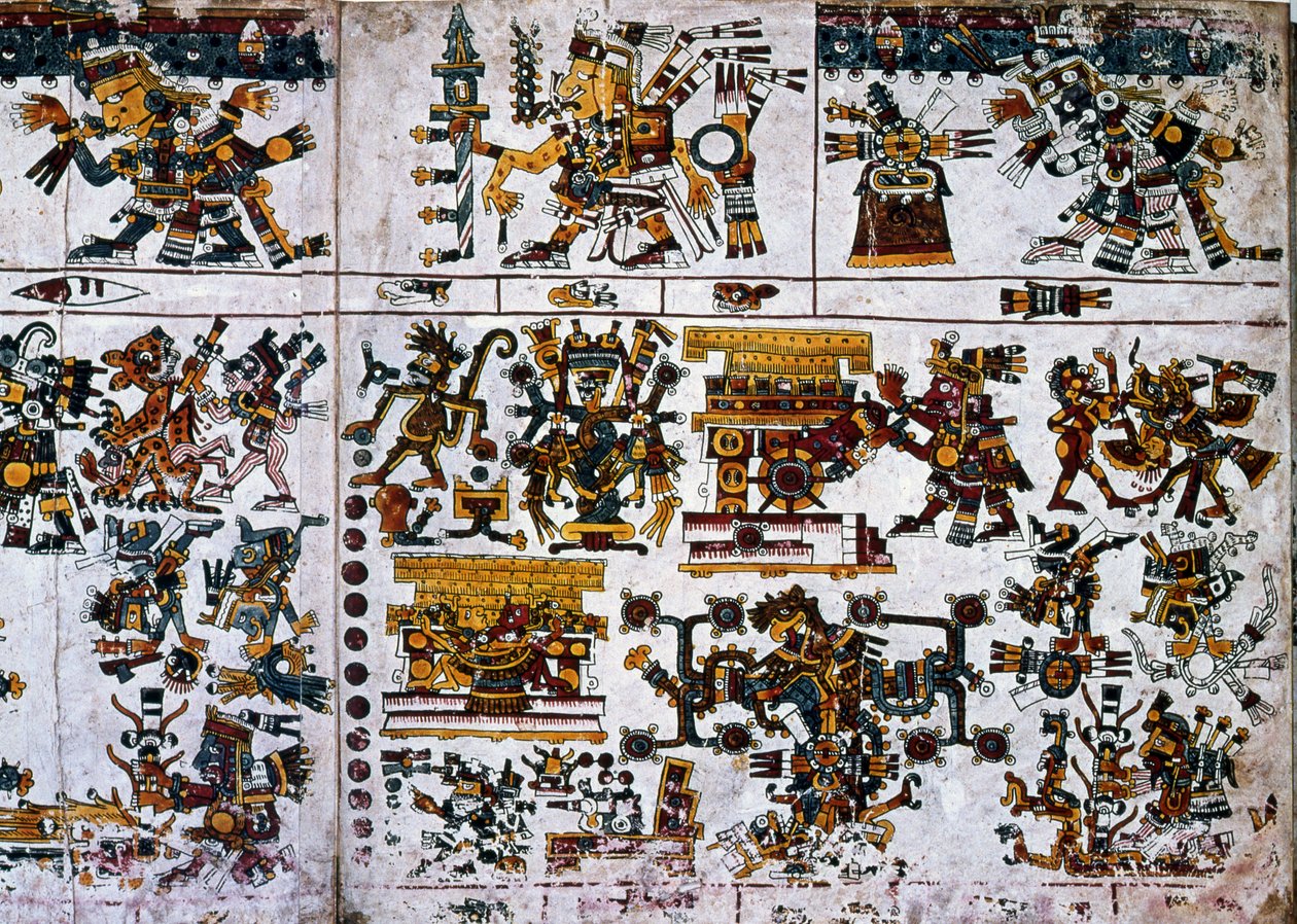 Detail aus einer Faksimile-Kopie einer Seite des Codex Borgia, die die Zeremonie des Neuen Feuers zeigt von Unknown