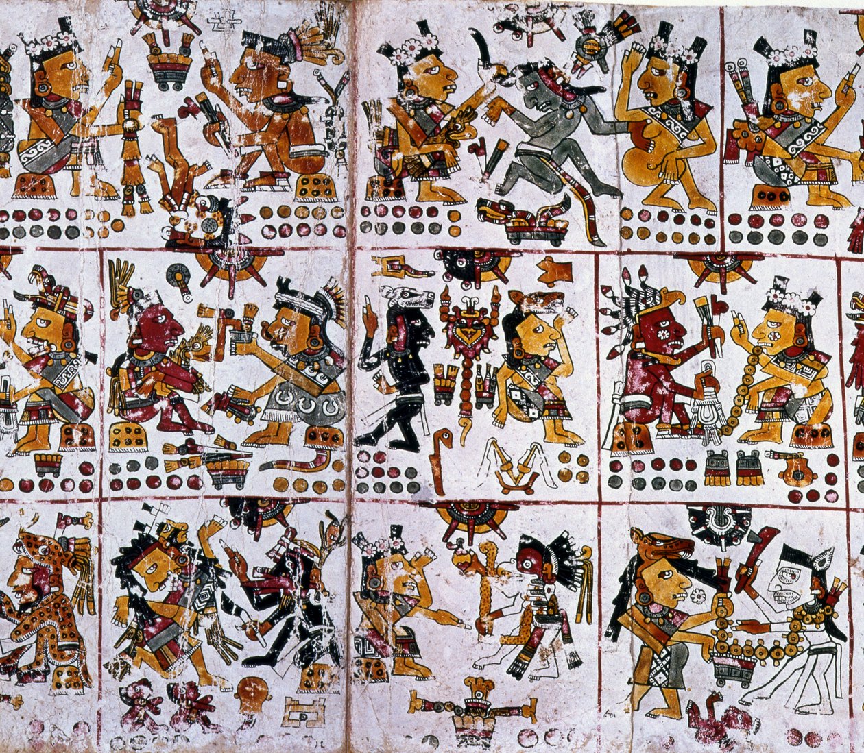 Detail (Codex Borgia) - Sechs Paare von Göttern, die Wahrsagung für Paare darstellen von Unknown