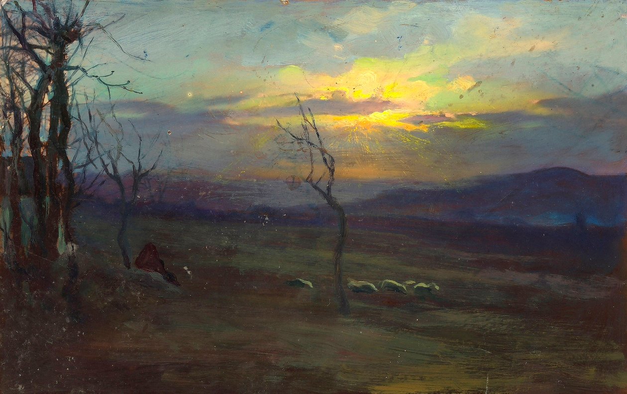 Dämmerung. Foto-Gemälde, das eine Landschaft bei Sonnenuntergang darstellt von Unknown
