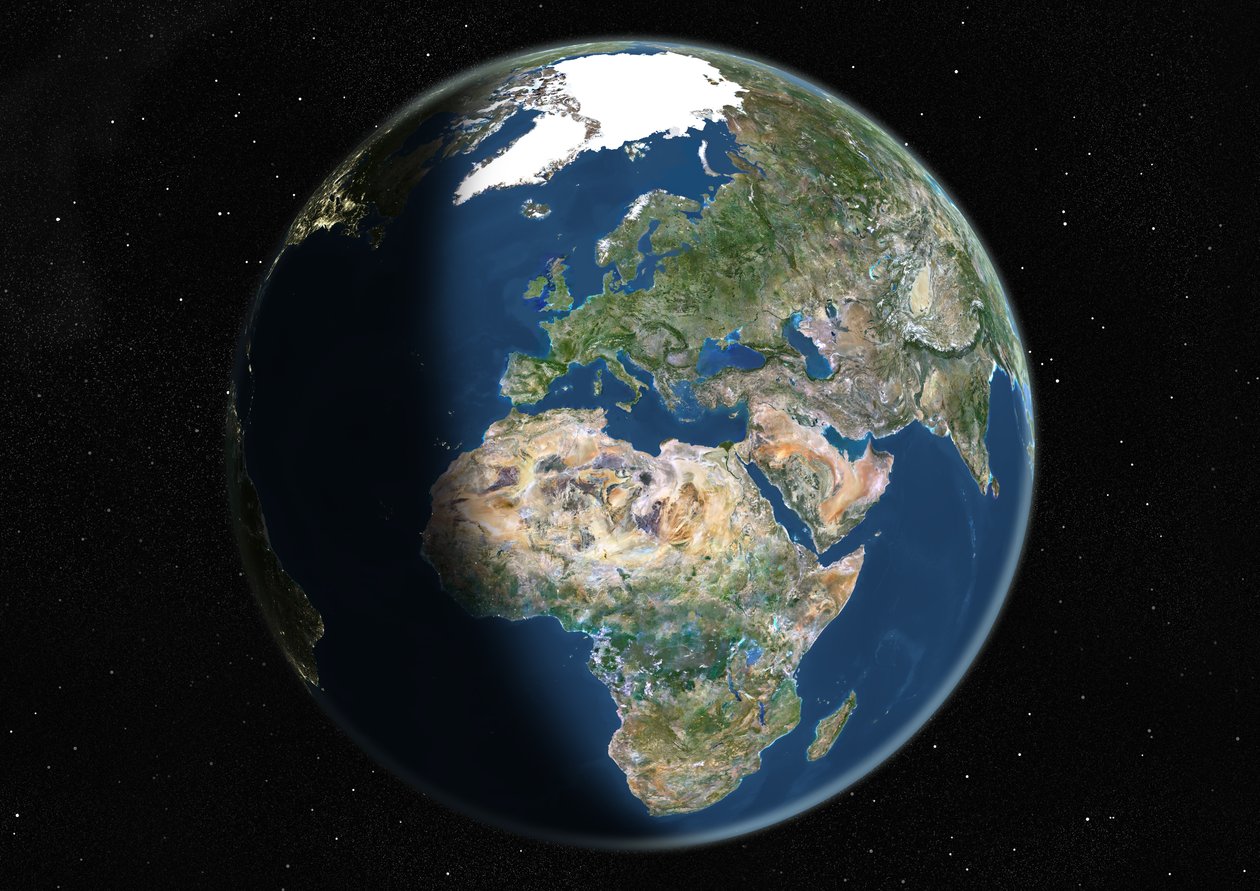 Globus zentriert auf Europa und Afrika, Satellitenbild in Echtfarben von Unknown