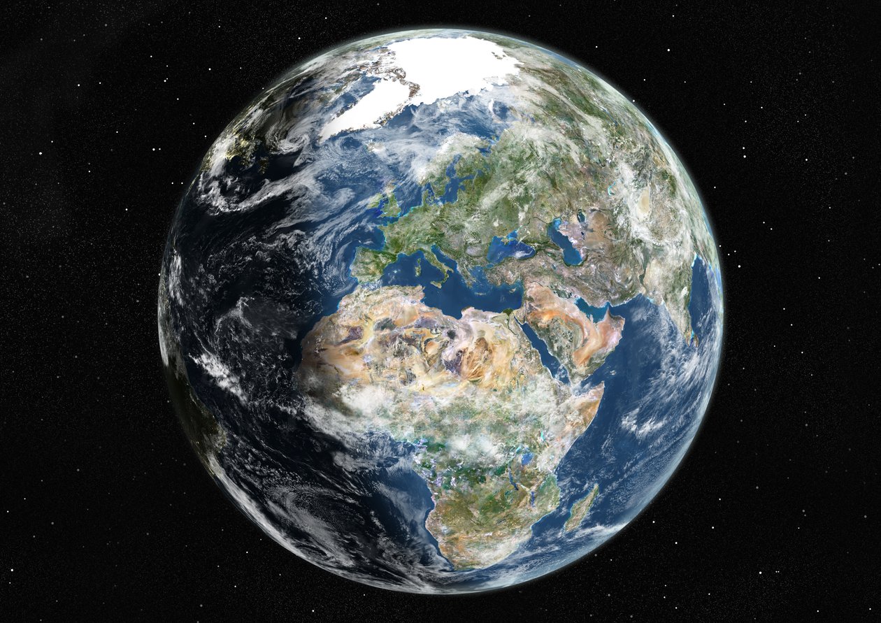 Globus zentriert auf Europa und Afrika, Satellitenbild in Echtfarben von Unknown