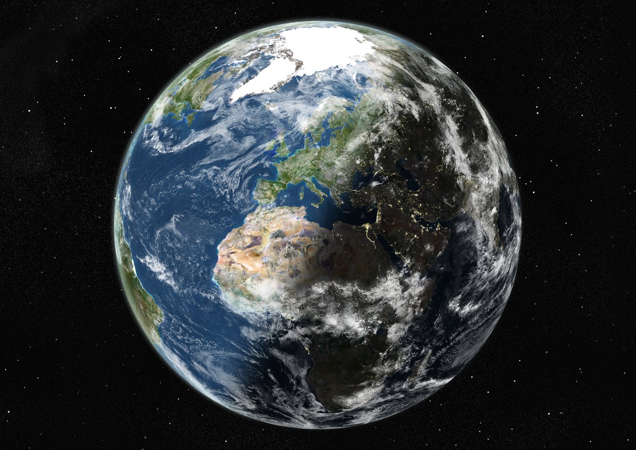 Globus zentriert auf Europa und Afrika, Satellitenbild in Echtfarben von Unknown