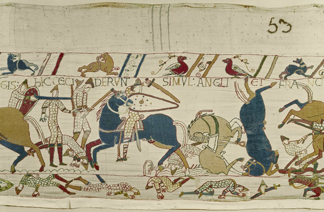 Normannen und Engländer fallen Seite an Seite in der Schlacht, Bayeux-Tapete von Unknown
