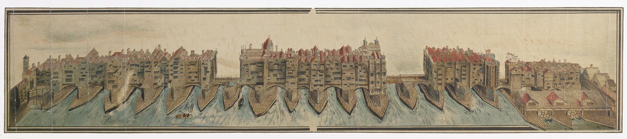Alte London Bridge um 1600, kopiert von W. Griggs 1881 aus einer Zeichnung in der Pepys-Sammlung, Magdalene College, Cambridge von Unknown