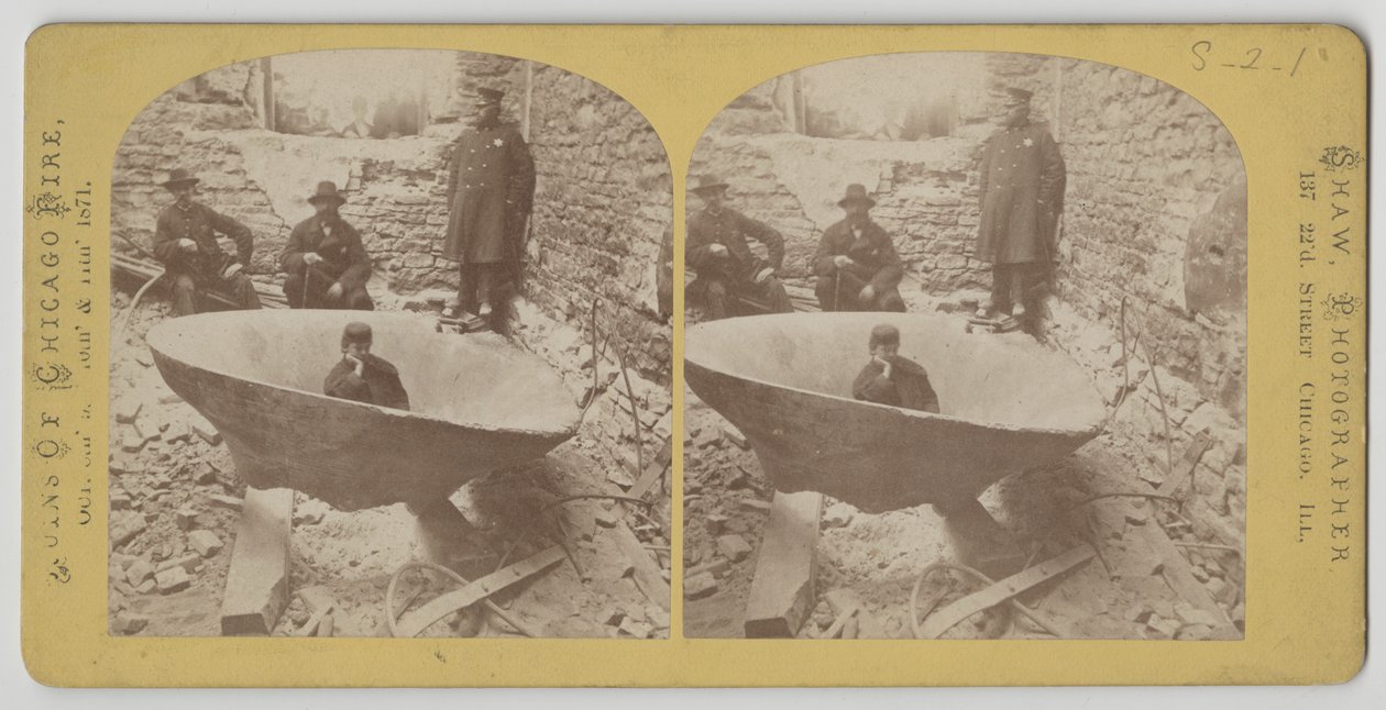 Stereographische Ansicht der Glocke des Gerichtsgebäudes nach dem Chicagoer Feuer von American Photographer