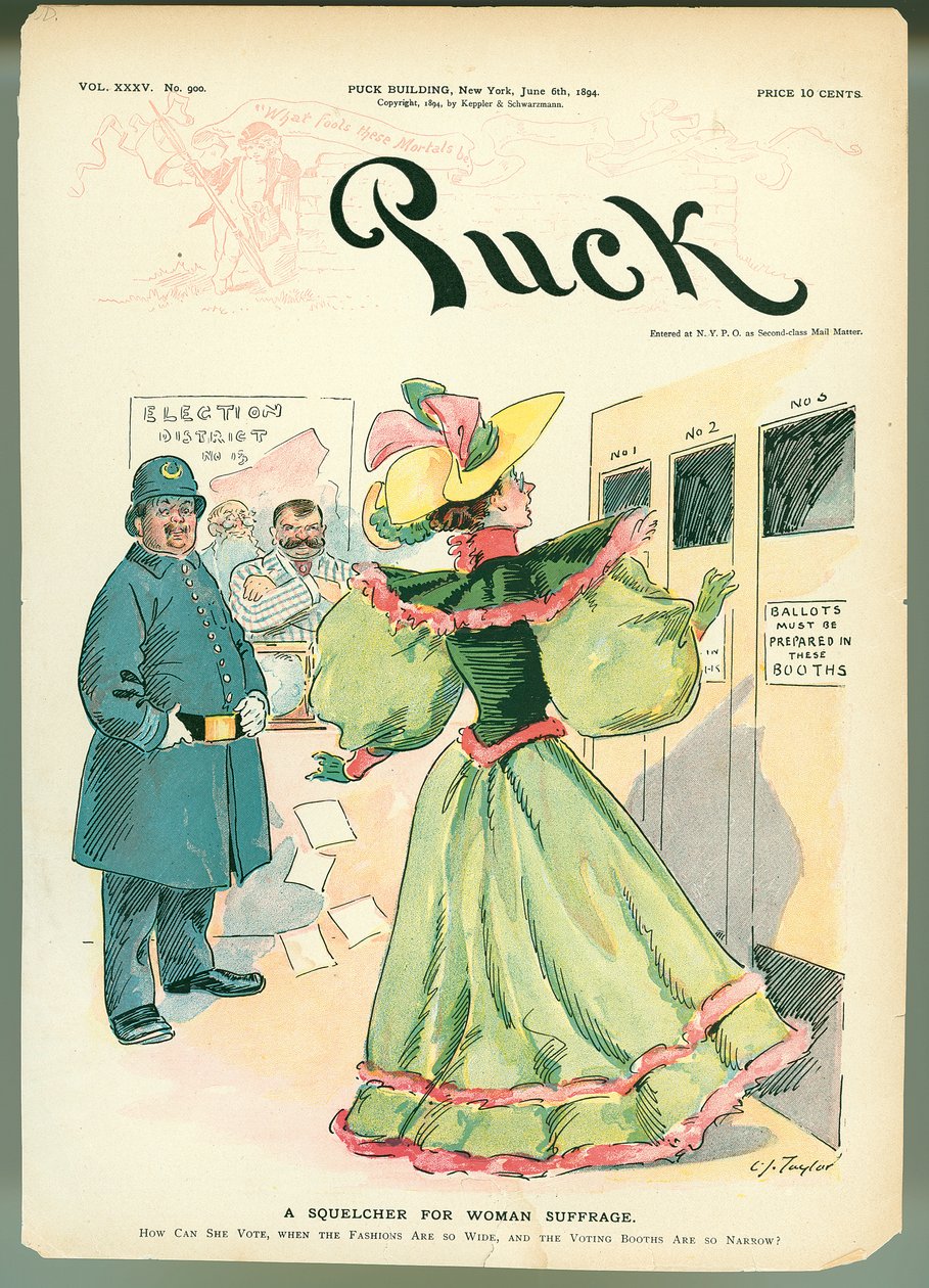 Ein Dämpfer für das Frauenwahlrecht, Titelbild der Puck-Zeitschrift, 6. Juni 1894 von American School