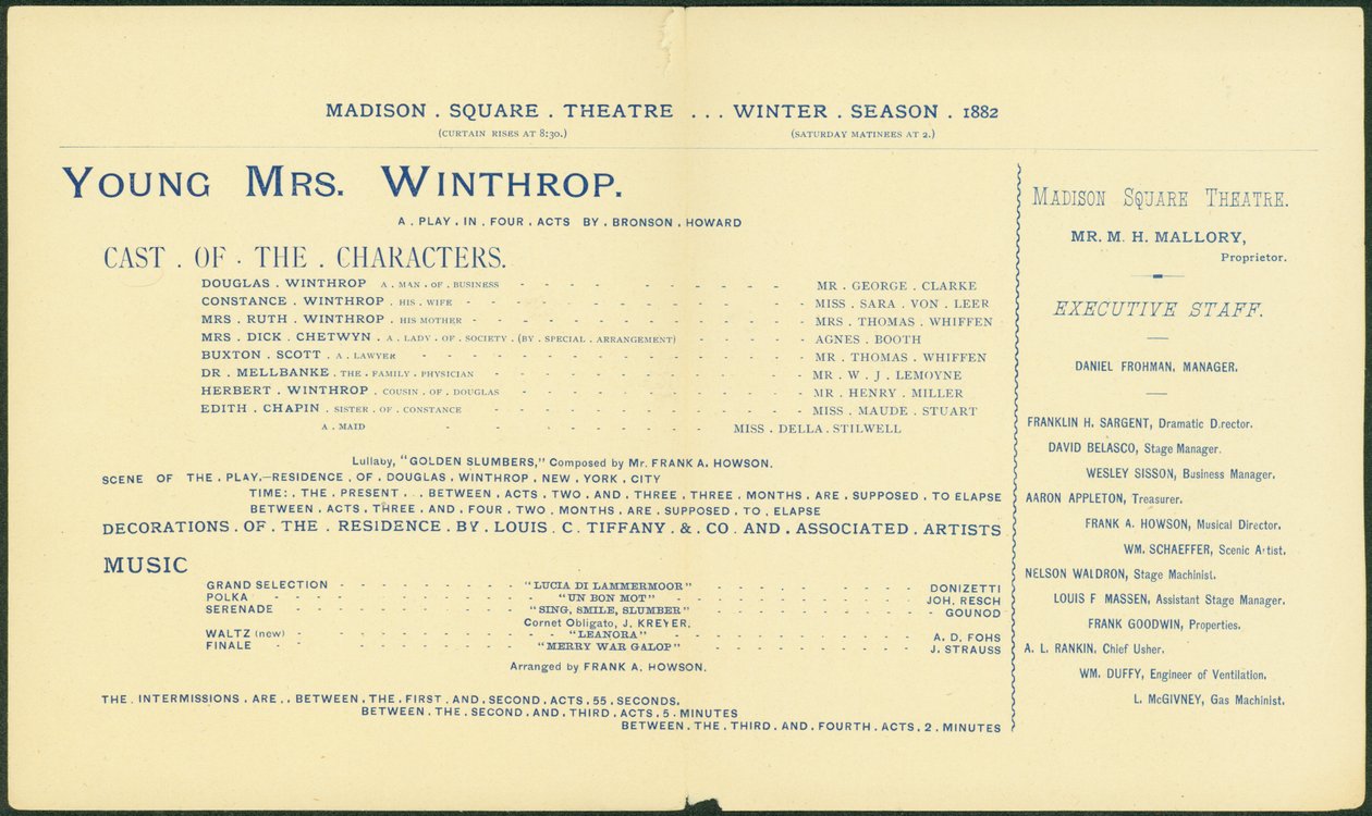 Madison Square Theatre, Wintersaison 1882-83, Programm für Young Mrs. Winthrop, 1882 von American School