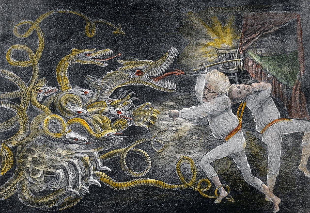 Politischer Quixotismus zeigt die Folgen des Schlafens in patentierten magischen Brillen, der diplomatische Herkules greift die politische Hydra an von American School
