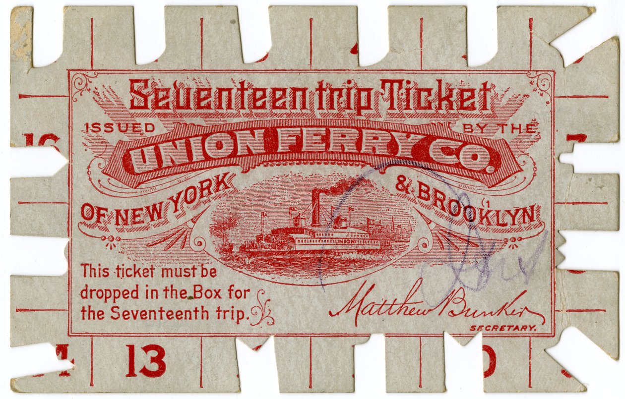 Siebzehn-Fahrten-Ticket, ausgestellt von der Union Ferry Co. von New York & Brooklyn von American School
