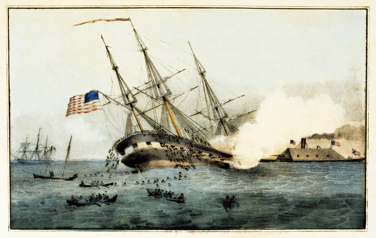 Das Sinken der Cumberland durch die Eisenklade Merrimac, vor Newport News, Va., 8. März 1862, veröffentlicht 1862 von American School