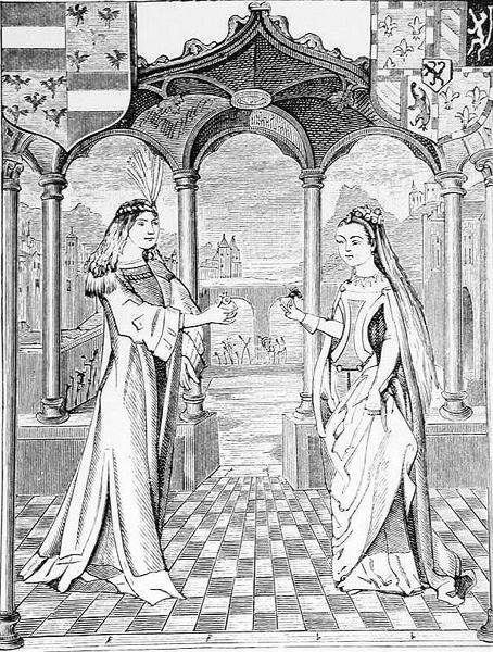 Ein Verlobungsgespräch, Illustration aus Wissenschaft und Literatur im Mittelalter und der Renaissance, geschrieben und graviert von Paul Lacroix, 1878 von English School