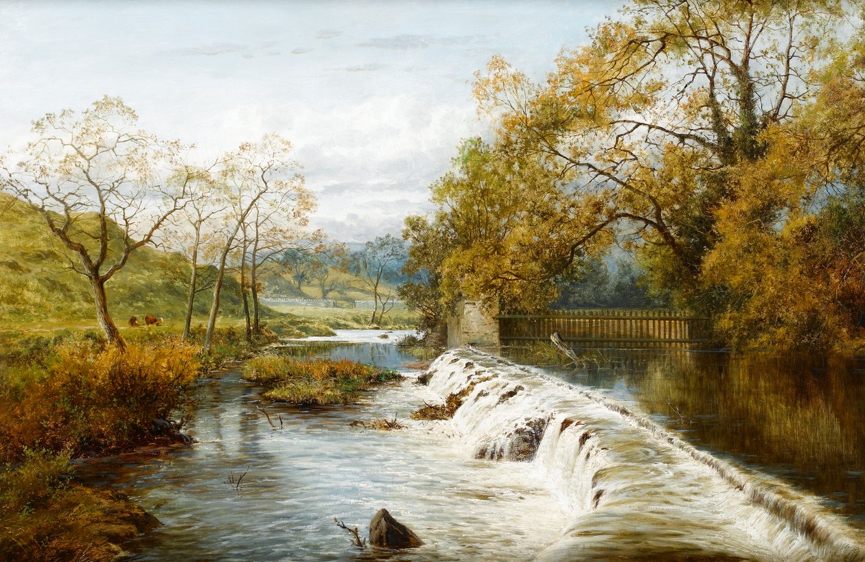 Ein Überlaufwehr an einem Mühlenteich von English School