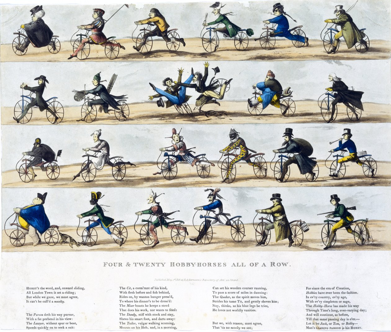 Vierundzwanzig Steckenpferde in einer Reihe, 1819 von English School
