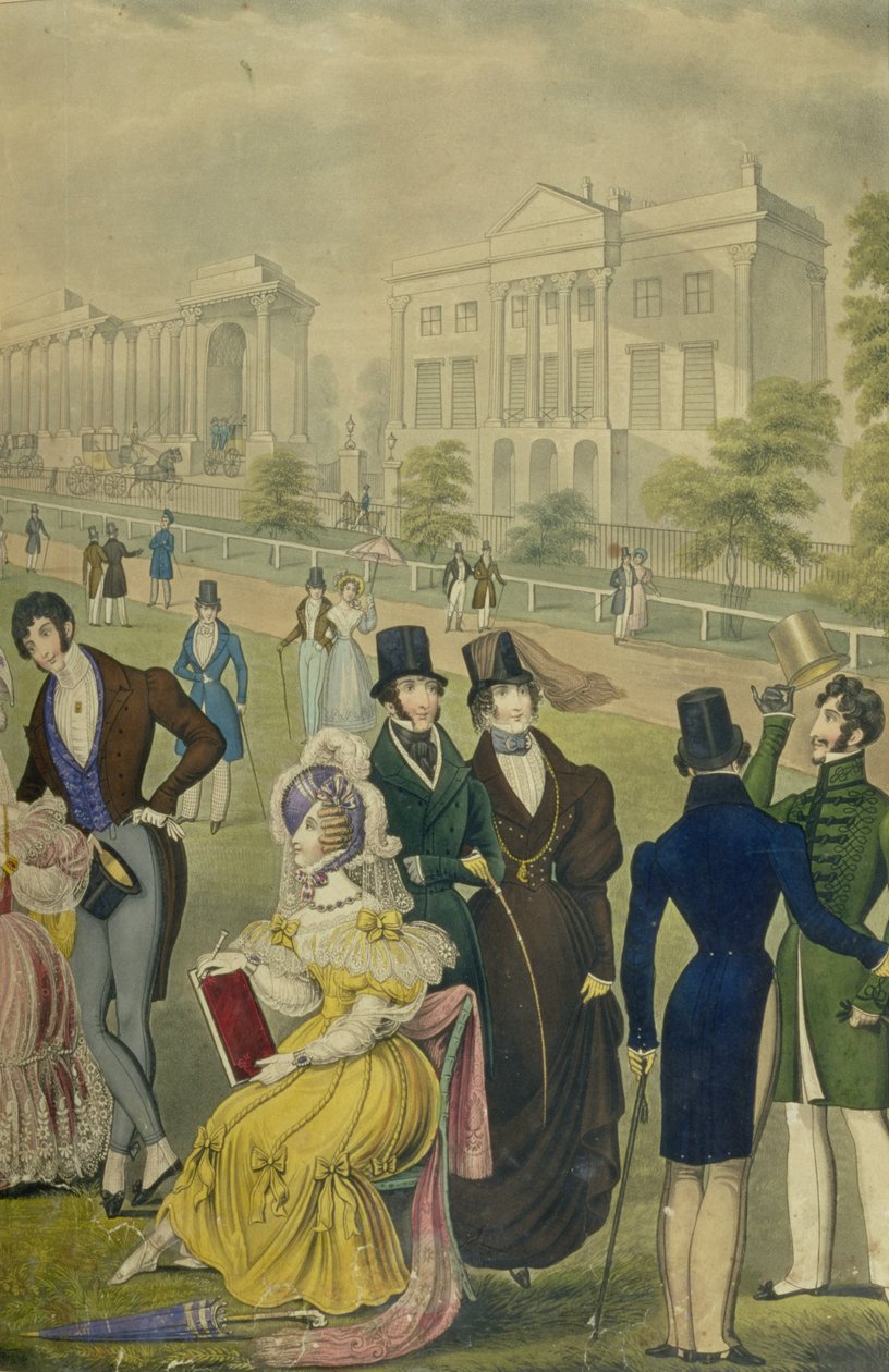 Ansicht des Green Park, London, zeigt die Mode der Zeit, Detail der rechten Seite, ca. 1830 (Detail) von English School