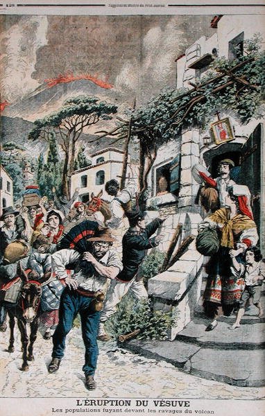 Ausbruch des Vesuvs, Menschen fliehen vor dem Vulkan, Illustration aus Le Petit Journal, 22. April 1906 von French School