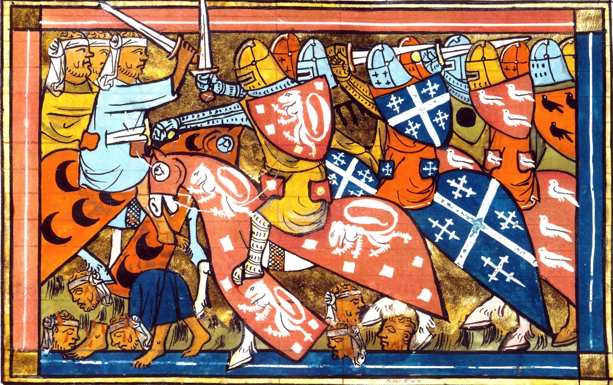 Ms FR 22495 f.265v Schlacht von Damiette in Ägypten 1218-1219, während des fünften Kreuzzugs (1217-1221) aus Historia von Guillaume de Tyr, 1337 von French School