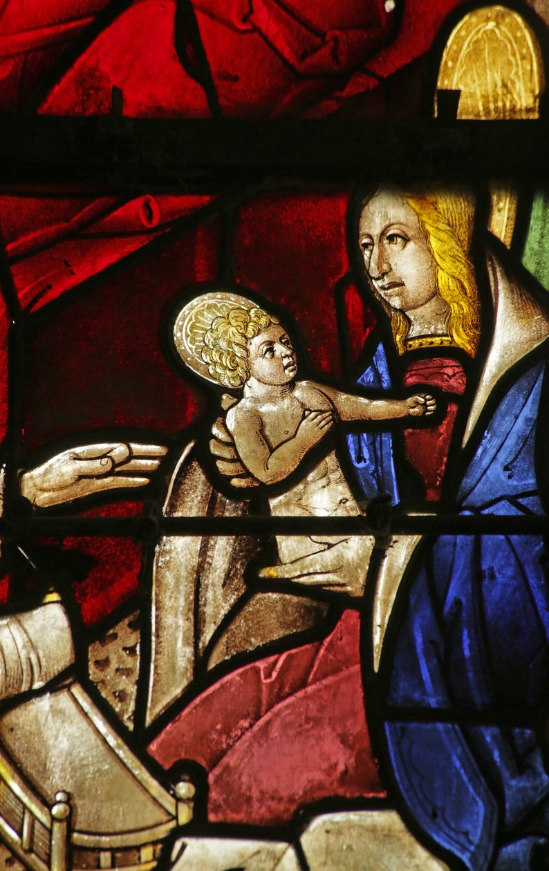 Fenster, das die heilige Elisabeth und die Geburt des heiligen Johannes des Täufers zeigt von French School