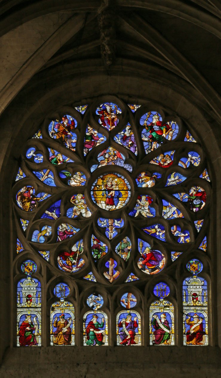 Fenster mit Darstellung des Jessebaums, Rosenfenster von French School