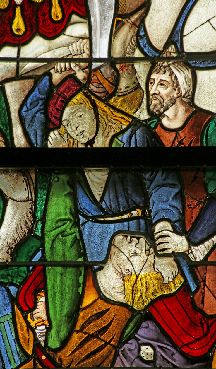 Fenster, das das Loswerfen um Christi Kleidung bei der Kreuzigung darstellt, Detail von 2921604, 1500-10 von French School