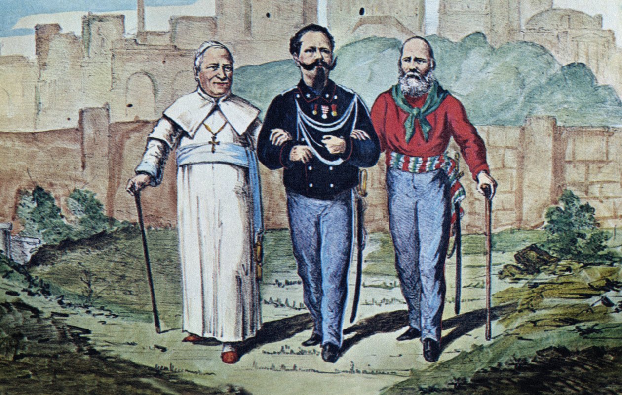 Die perfekte Dreifaltigkeit: Papst Pius IX., Viktor Emanuel II. und Garibaldi, 1870 von Italian School