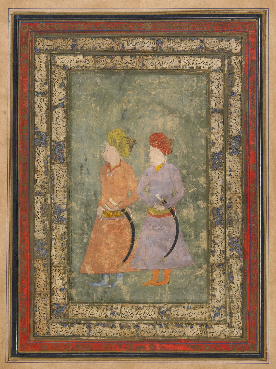 Zwei persische Edelmänner, abgelöstes Albumblatt mit Malerei, Mitte des 17. Jahrhunderts von Mughal School