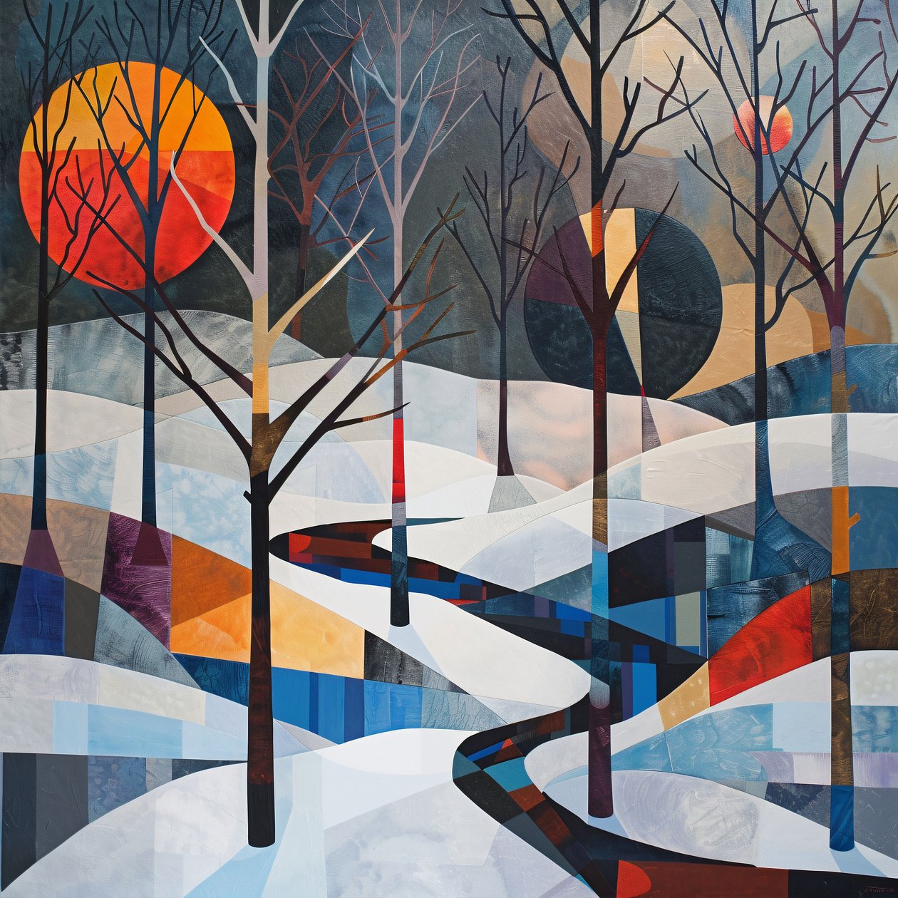 Bäume und Winterlandschaft, abstrakte geometrische Form von F. Abderrahim