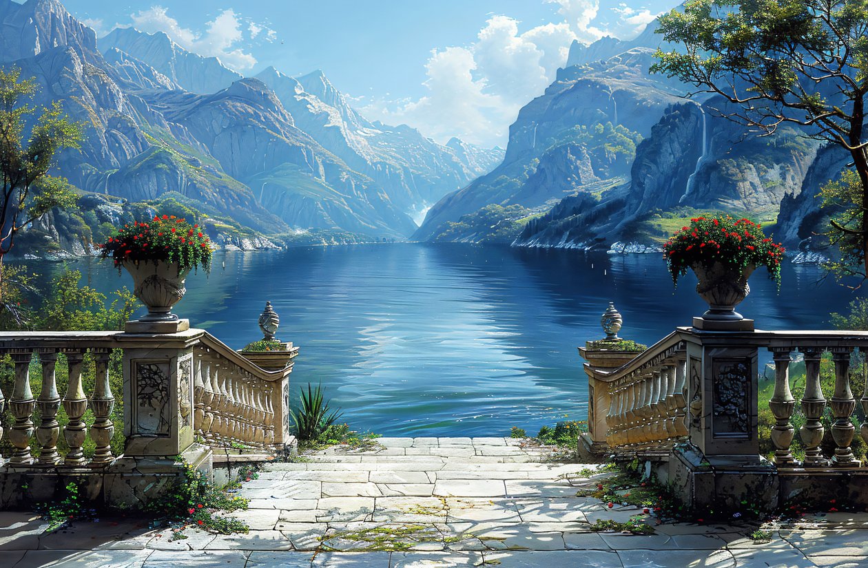 Blick auf einen See und natürliche Landschaft von einem Balkon von F. Abderrahim