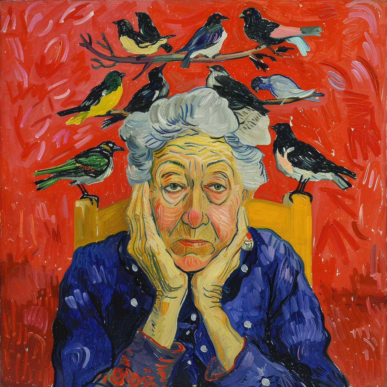 Frau mit Vögeln auf dem Kopf: Matisse Stil Gemälde von F. Abderrahim