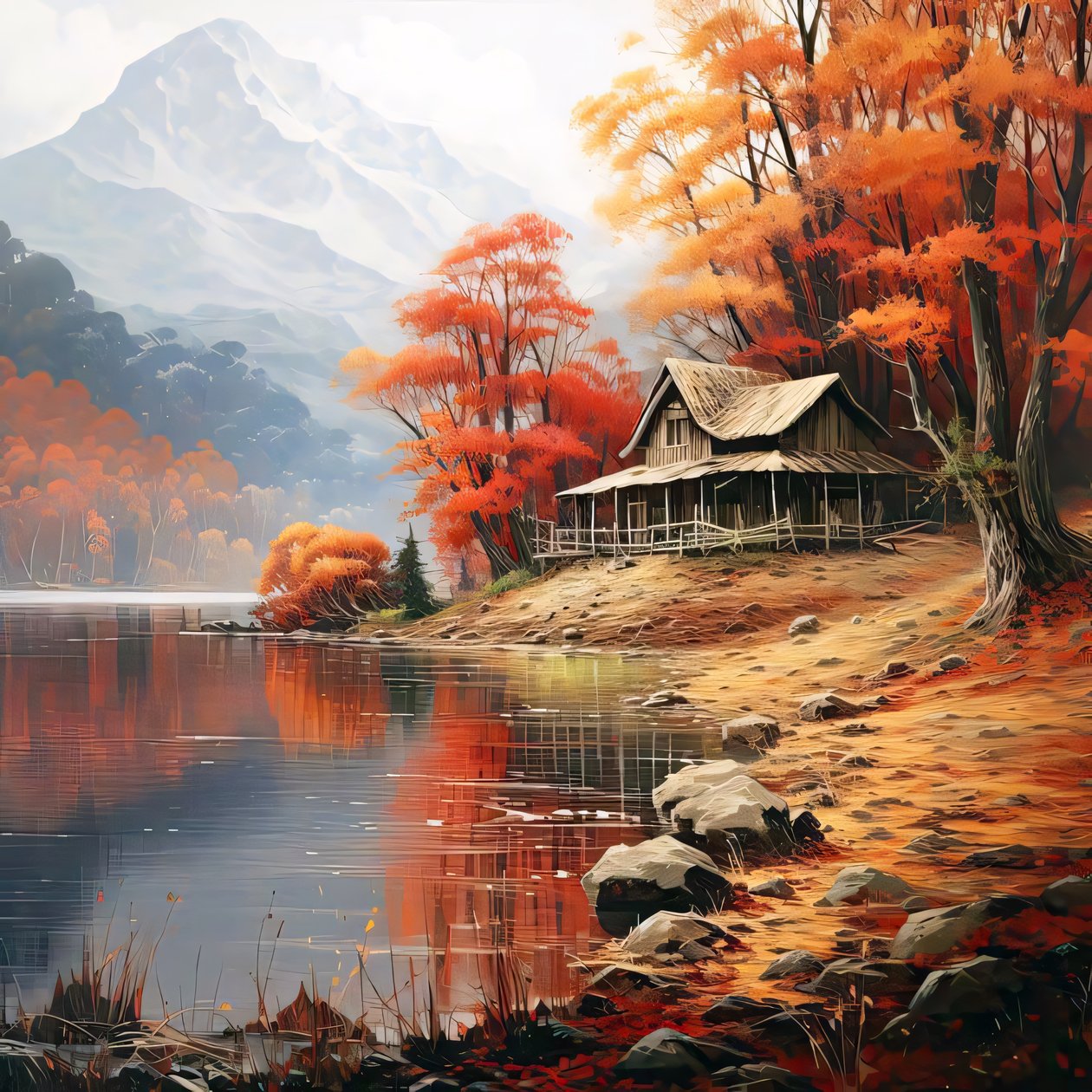Gemälde von einer Hütte im Wald neben einem Fluss, Wanddekoration für Schlafzimmer von F. Abderrahim