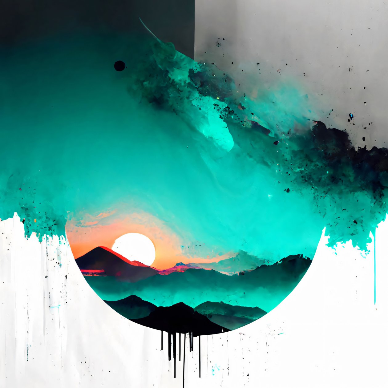 Abstrakter minimalistischer Sonnenaufgang auf Weiß mit Teal-Akzenten, Leinwanddruck auf Anfrage von F. Abderrahim