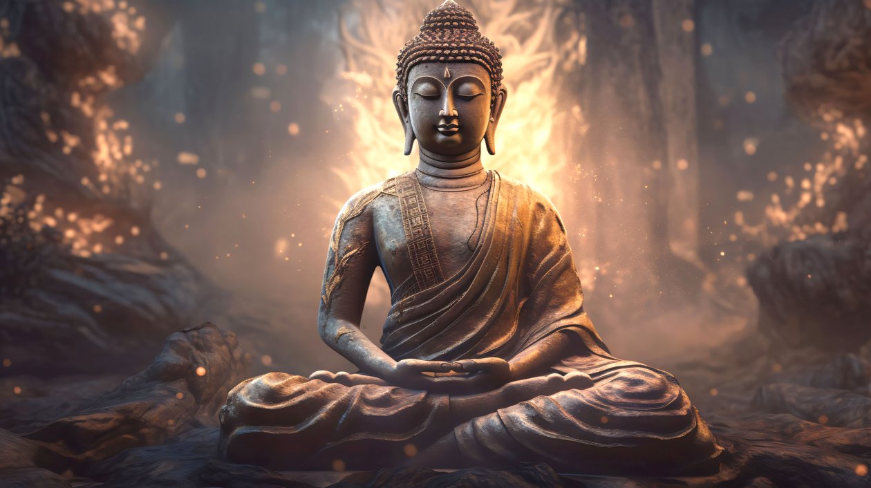 Realistisches Buddha Portrait sitzend, friedliche Meditation, spirituelle Wanddekoration von F. Abderrahim