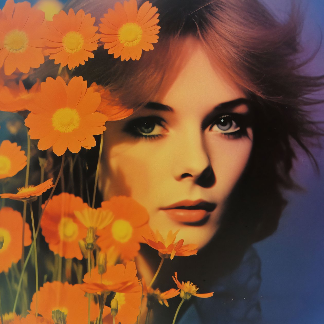 Vintage-Frauenporträt  Blumen, A Retro Floral Vision, Online-Kunstdrucke von F. Abderrahim