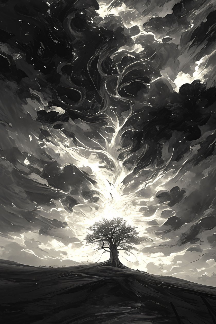 dunkle Nacht  helles Mondlicht Epische filmische  dramatische Sturmwolken  ein Baum, Wanddekoration von F. Abderrahim