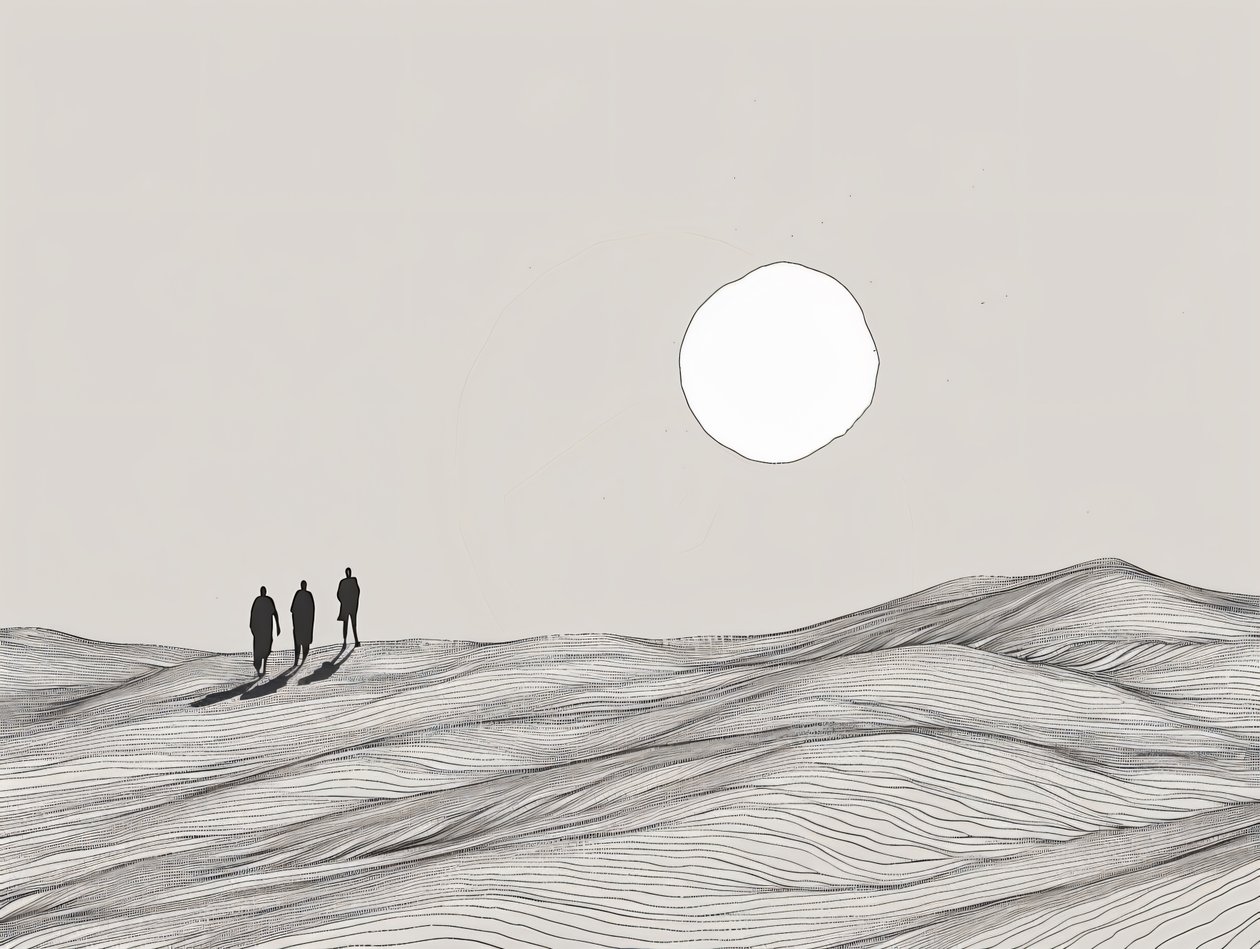 Minimalistische Skizze, Männer, die in der Wüstensonne spazieren gehen, online Kunstdrucke von F. Abderrahim