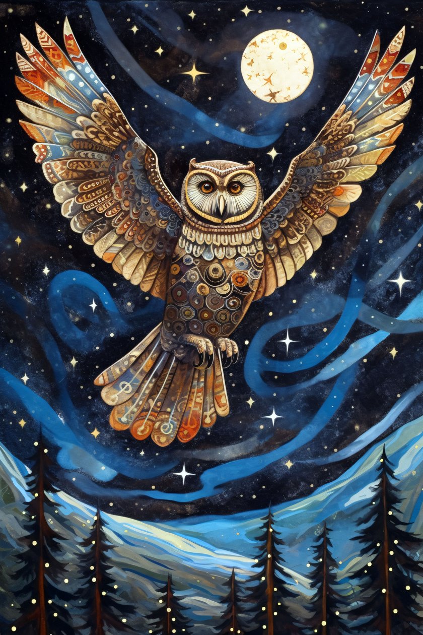 Die Eule, die durch den Sternenhimmel fliegt, Wanddekoration Drucke von F. Abderrahim
