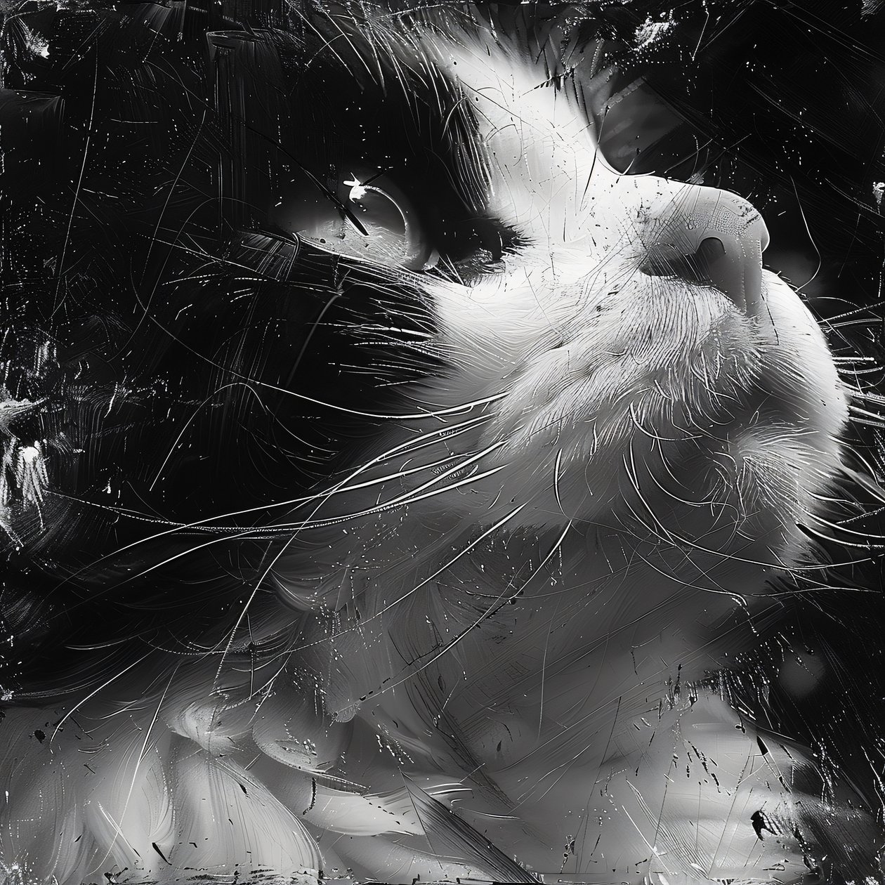 Minimalistische Skizze eines Katzengesichts in Schwarz-Weiß, Wanddekoration von F. Abderrahim