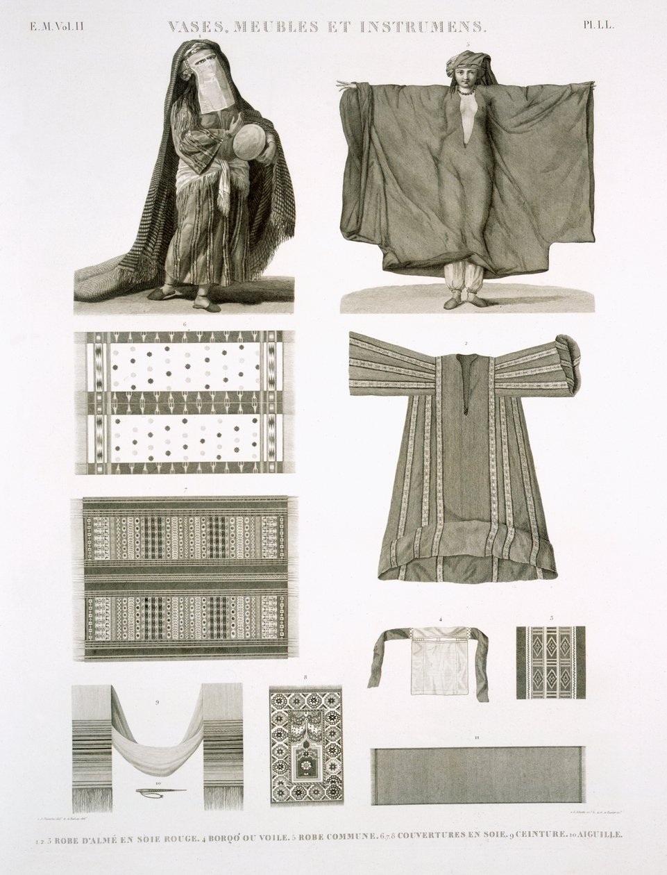 Beispiele für Seiden- und ägyptische Kostüme, aus Beschreibung Ägyptens, graviert von Jehotte und Texier, veröffentlicht unter den Befehlen Napoleons, 1822 von A. and Balzac, C. Dutertre